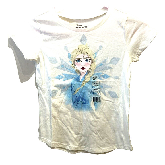 NWT Girl’s Disney Elsa Frozen White and Blue Cotton Poly Tee Shirt Large 10 12 - Picture 1 of 4